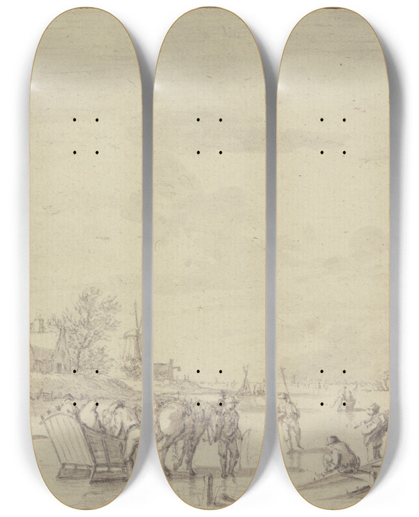 Triptych art skateboard deck of Jacob Cats Winterlandschaft Auf Dem Eis Ein Schlitten by Jacob Cats (1741-1799)