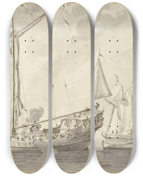 Triptych art skateboard deck of Abraham Storck Three Canonball Boats by Abraham Storck (1644-1708)