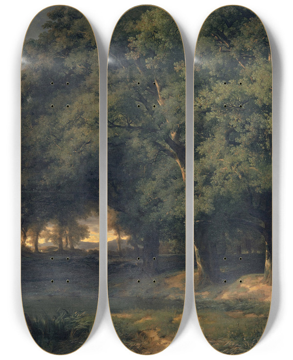 Triptych art skateboard deck of Alexandre Calame Forest Landscape With Stag Hunt by Alexandre Calame (1810-1864)