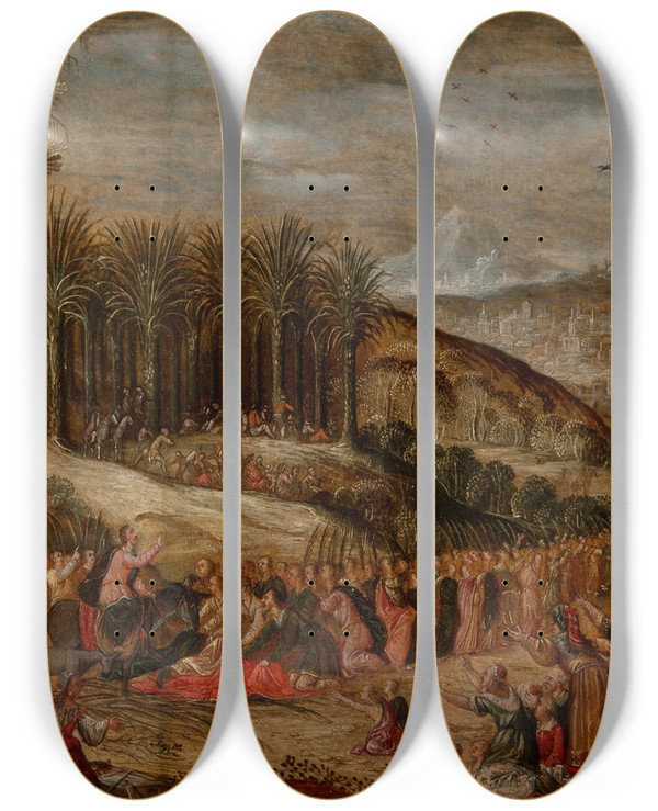 Triptych art skateboard deck of Dutch School Christs Triumphal Entry Into Jerusalem by Dutch School