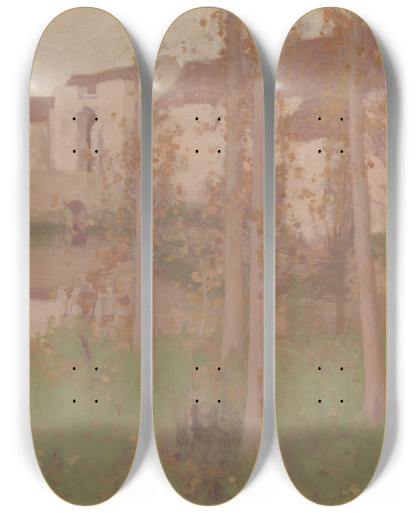 Triptych art skateboard deck of David Gauld The Haunted Chateau Grezsurloing by David Gauld (1866-1936)