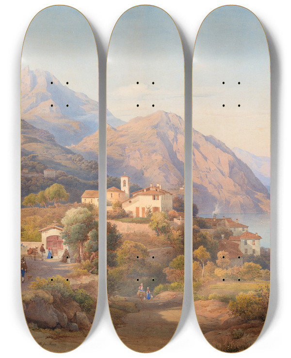 Triptych art skateboard deck of Hermann David Salomon Corrodi A Summer Evening At The Lago Maggiore by Hermann David Salomon Corrodi (1844-1905)