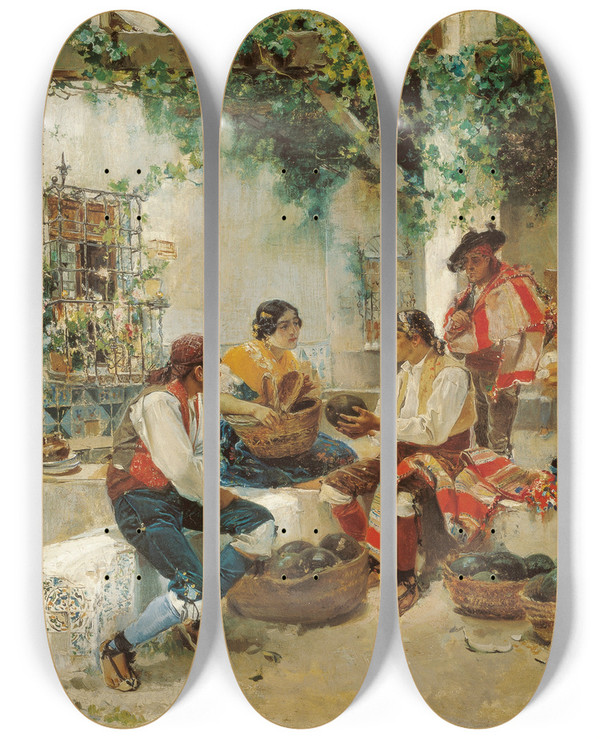 Triptych art skateboard deck of Joaqun Sorolla Selling Melons by Joaquin Sorolla (1863-1923)