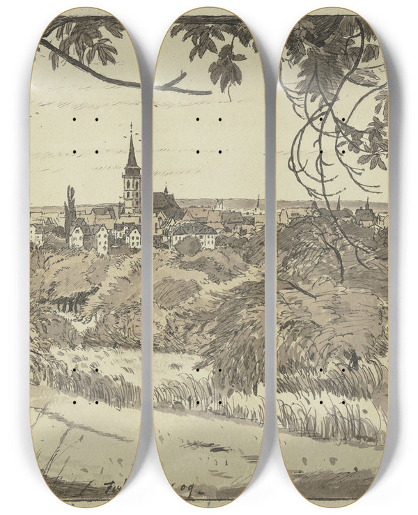 Triptych art skateboard deck of Ferdinand Balzer View On Oberursel by Ferdinand Balzer (1872-1916)
