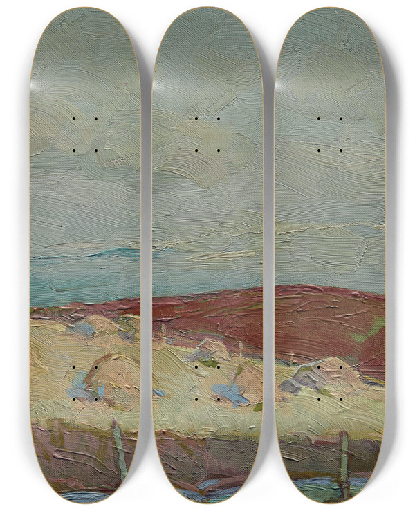 Triptych art skateboard deck of Edward G Eisenlohr After The Cutting by Edward G Eisenlohr (1872-1961)