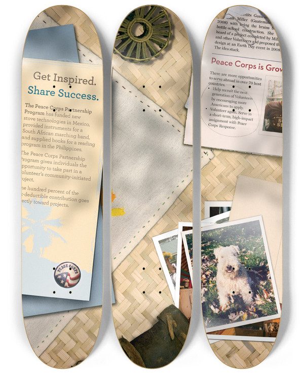 Triptych art skateboard deck of Peace Corps Worldview Ad June Summer 2010_2 by Peace Corps (20-)
