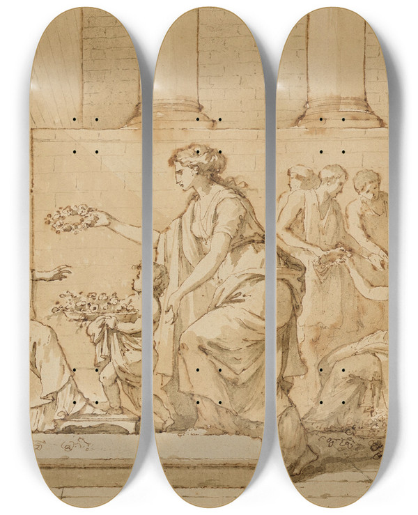 Triptych art skateboard deck of Jeanfranoispierre Peyron Linnocence Offrant Fleurs Et Couronne Lamiti by Jean-Franois-Pierre Peyron (1744-1814)