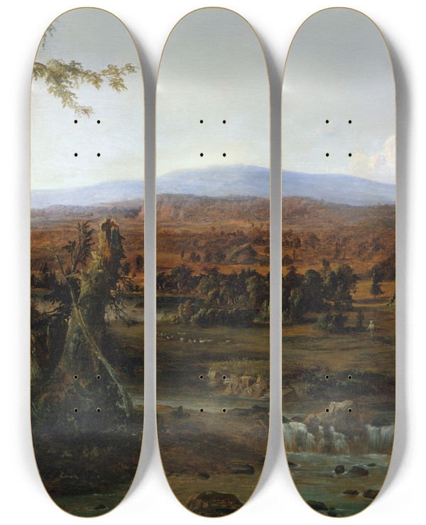 Triptych art skateboard deck of Robert S Duncanson Landscape With Shepherd by Robert S Duncanson (1821-1872)