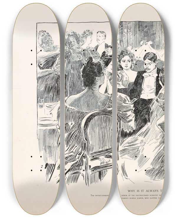 Triptych art skateboard deck of Charles Dana Gibson Why Is It Always Thus_1 by Charles Dana Gibson (1867-1944)