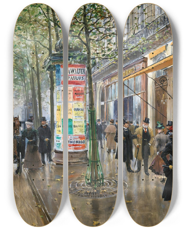 Triptych art skateboard deck of Jean Braud Les Grands Boulevards Caf Amricain by Jean Beraud (1849-1935)