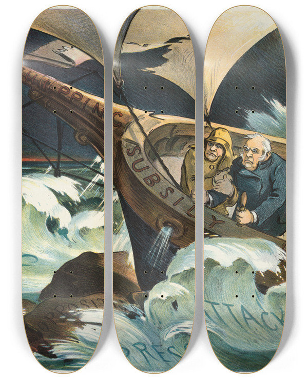 Triptych art skateboard deck of Udo Keppler In Dire Distress by Udo Keppler (1872-1956)