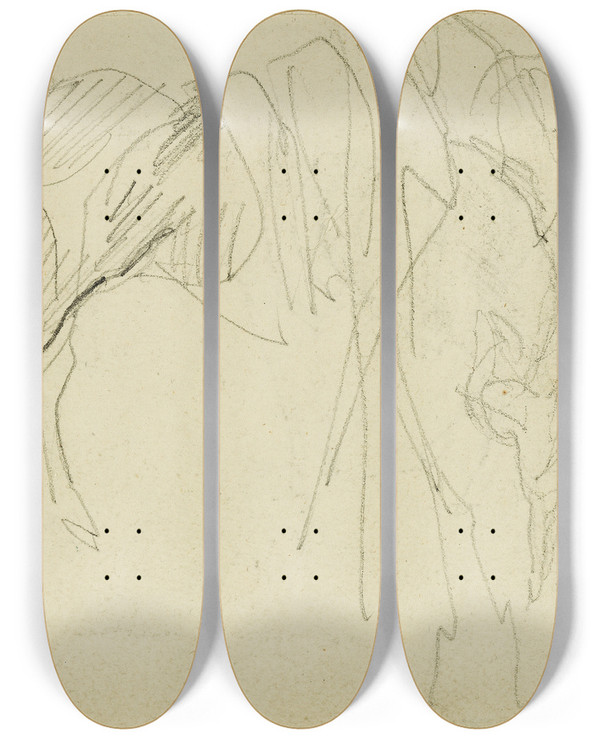 Triptych art skateboard deck of Thodore Gricault Compositional Study Horse Studies by Theodore Gericault (1791-1824)