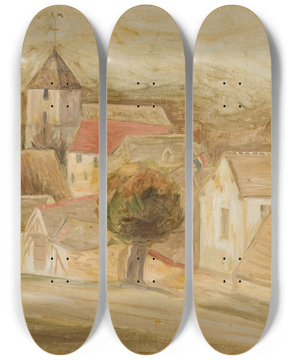 Triptych art skateboard deck of Tadeusz Makowski Miasteczko by Tadeusz Makowski (1882-1932)