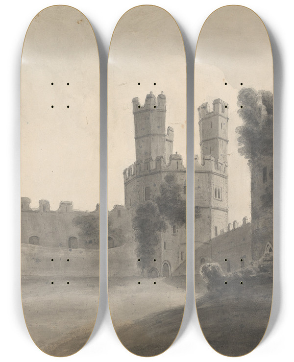 Triptych art skateboard deck of Isaac Weld Caernarvon Castle by Isaac Weld (1774-1856)