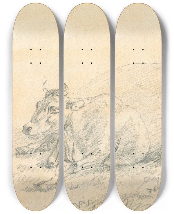 Triptych art skateboard deck of Sawrey Gilpin Cow Lying Down by Sawrey Gilpin (1733-1807)