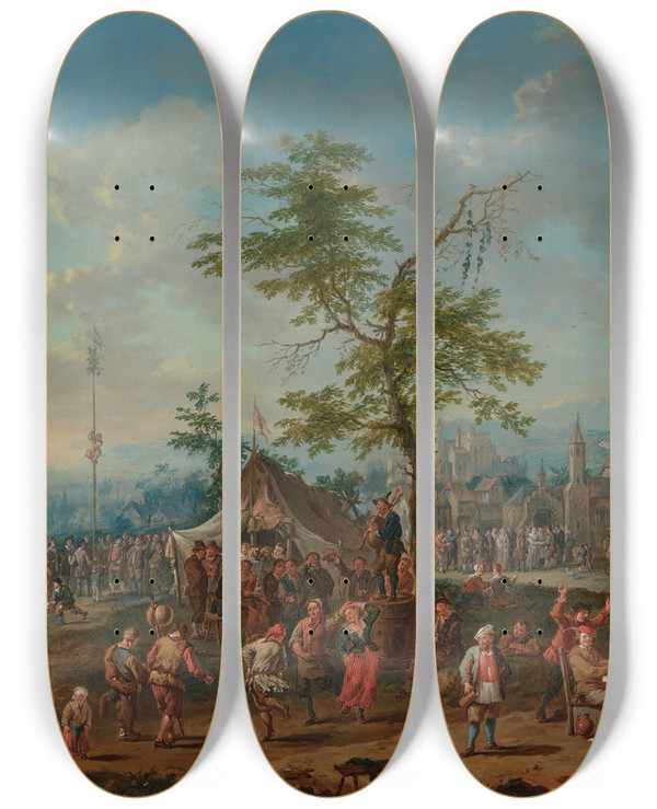 Triptych art skateboard deck of Jan Peter Van Bredael The Elder A Village Festival With Figures Dancing And Playing Games A Wedding Ceremony Beyond by Jan Peter Van Bredael The Elder (1654-1745)