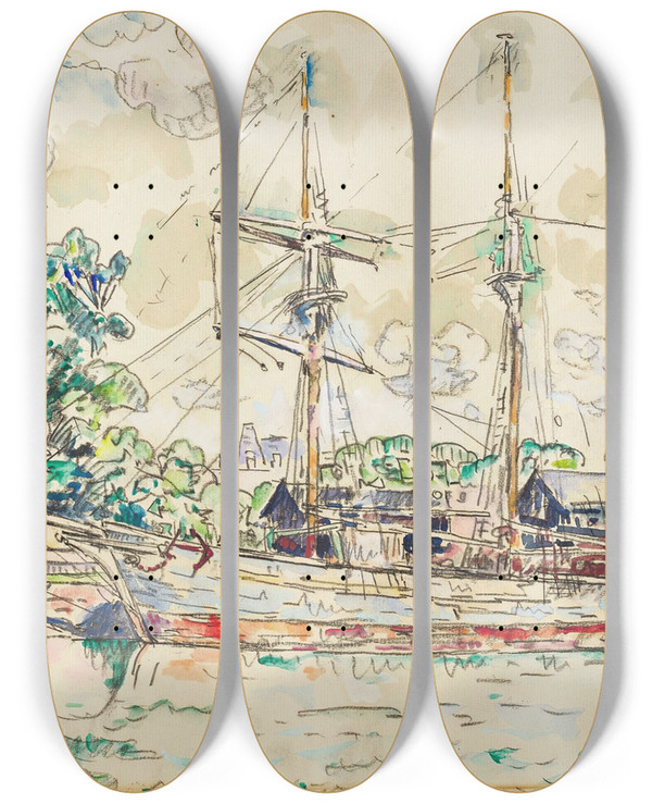 Triptych art skateboard deck of Paul Signac Paimpol_1 by Paul Signac (1863-1935)