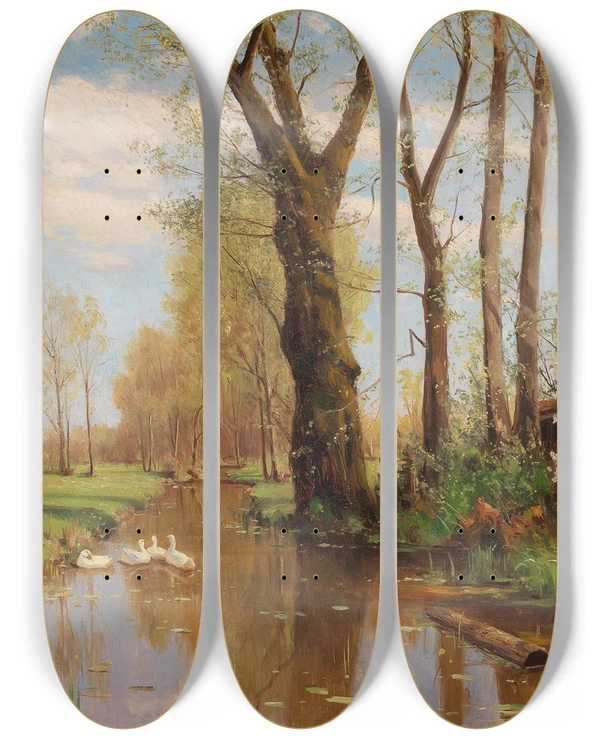 Triptych art skateboard deck of Walter Moras Sommeridylle by Walter Moras (1856-1925)