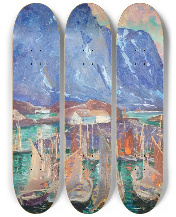 Triptych art skateboard deck of Jonas Lie The Fleet by Jonas Lie (1880-1940)