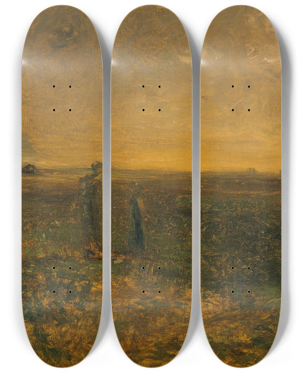 Triptych art skateboard deck of George Fuller Twilight On The Prairie by George Fuller (1822-1884)