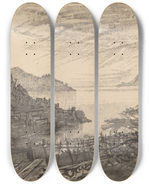 Triptych art skateboard deck of Edward Lear View Of A Bay From A Hillside Amalfi by Edward Lear (1812-1888)