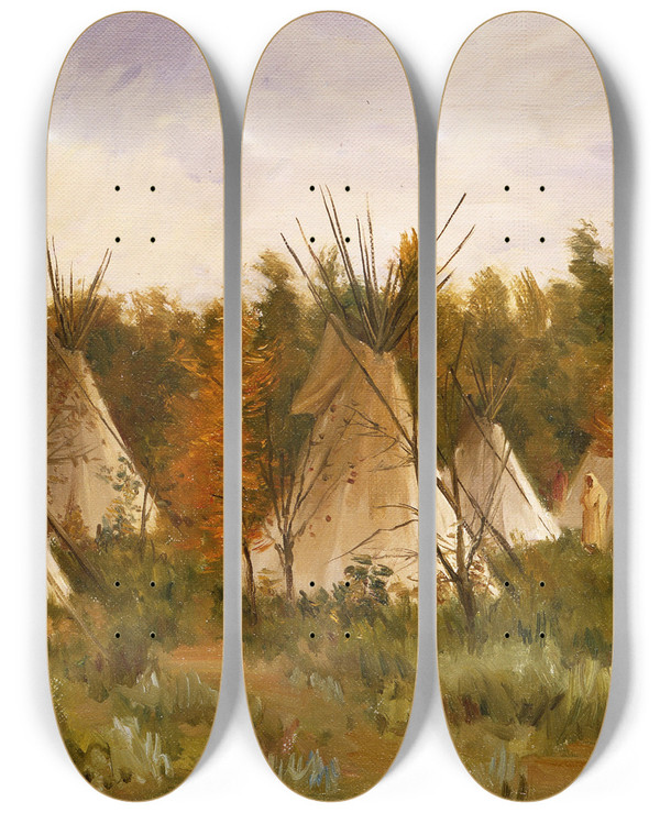 Triptych art skateboard deck of Joseph Henry Sharp The Summer Camp by Joseph Henry Sharp (1859-1953)