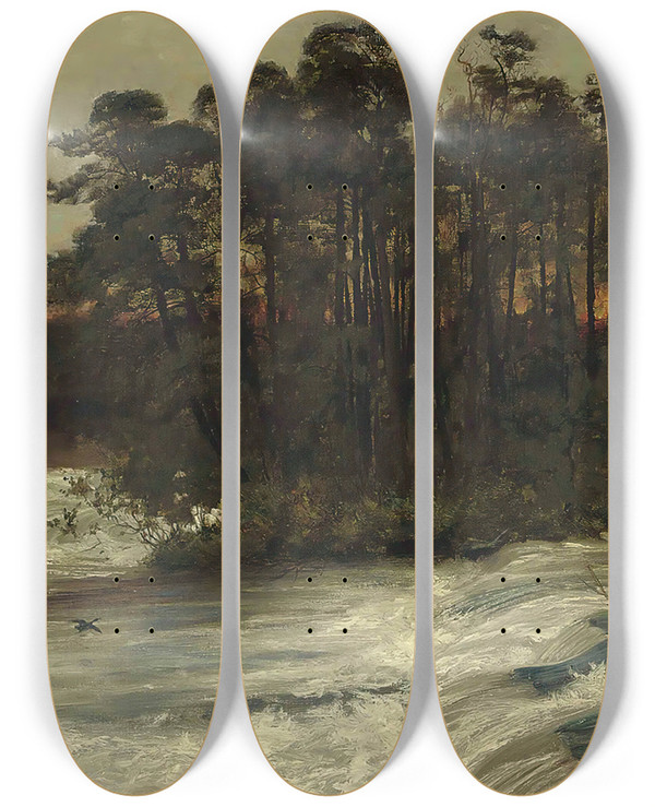 Triptych art skateboard deck of Sir Alfred East Where Rapids Roar by Sir Alfred East (1849-1913)