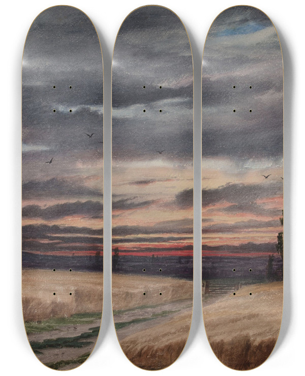 Triptych art skateboard deck of Elijah Walton Field Near Cofton by Elijah Walton (1832-1880)