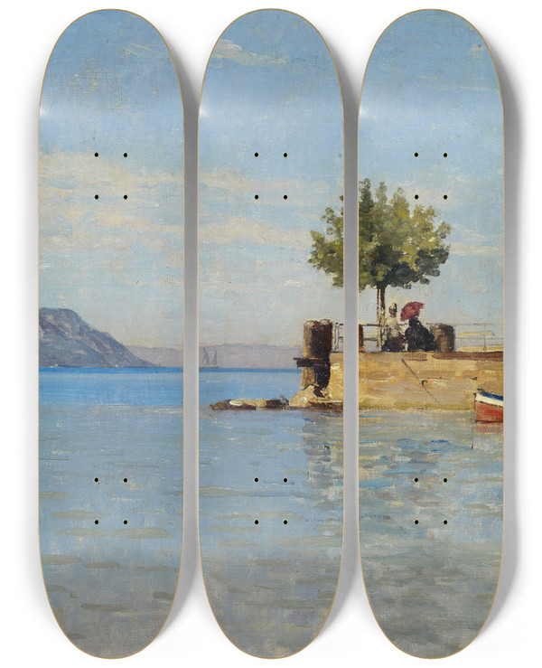 Triptych art skateboard deck of Franois Bocion The Pier At Territet by Francois Bocion (1828-1890)