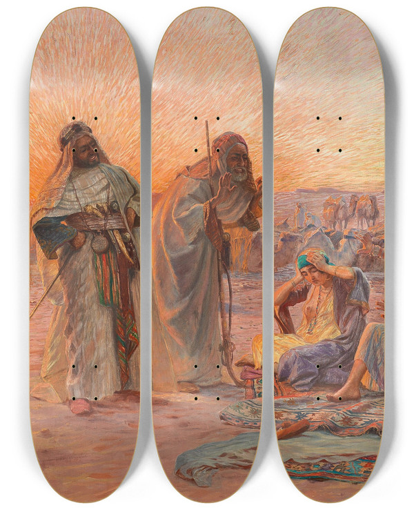 Triptych art skateboard deck of Otto Pilny The Caravan Resting by Otto Pilny (1866-1936)