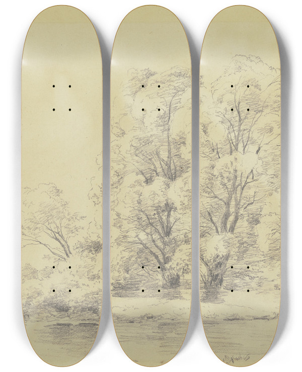 Triptych art skateboard deck of Carl Spitzweg Landschaft Mit Bumen Am Wasser In Der Ferne Der Turm Einer Dorfkirche by Carl Spitzweg (1808-1880)