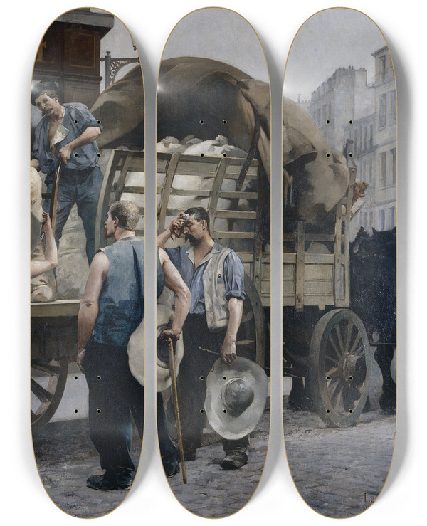 Triptych art skateboard deck of Louisrobert Carrierbelleuse Porteurs De Farine Scne Parisienne by Louis-Robert Carrier-Belleuse (1848-1913)