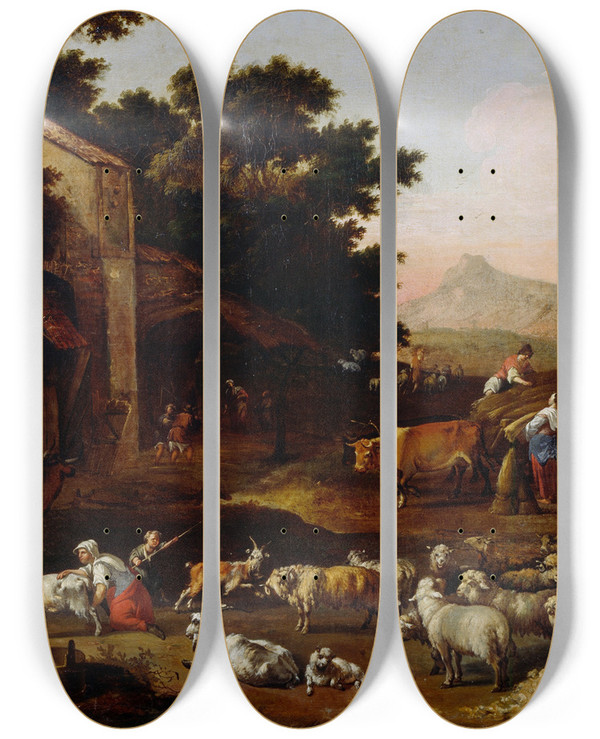 Triptych art skateboard deck of Adam Colonia Sheep Shearing by Adam Colonia (1634-1685)