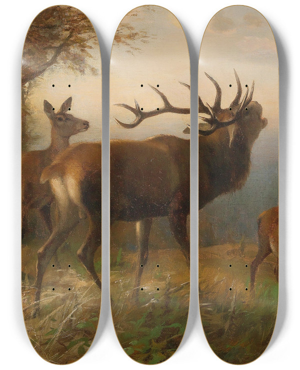 Triptych art skateboard deck of Carl Friedrich Deiker Herd Of Red Deer by Carl Friedrich Deiker (1836-1892)