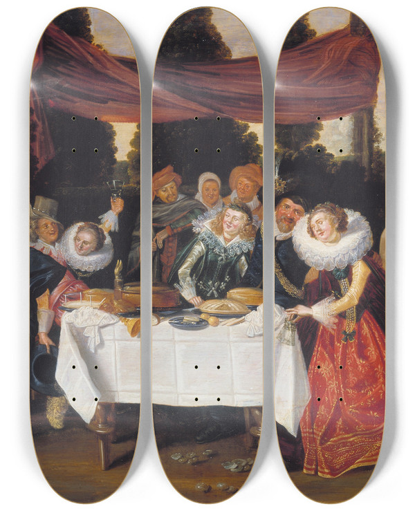 Triptych art skateboard deck of Dirck Hals Merry Company_2 by Dirck Hals (1591-1656)