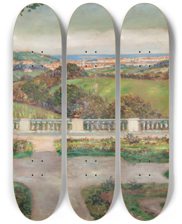 Triptych art skateboard deck of Louis Floutier View From The Gardens by Louis Floutier (1882-1936)