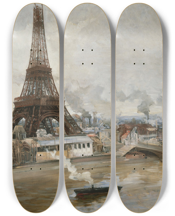 Triptych art skateboard deck of Paul Louis Delance La Tour Eiffel Et Le Champdemars En Janvier 1889 by Paul Louis Delance (1848-1924)