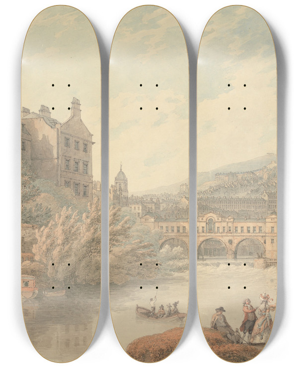 Triptych art skateboard deck of Thomas Hearne View Of Bath From Spring Gardens by Thomas Hearne (1744-1817)