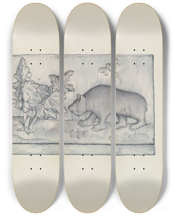 Triptych art skateboard deck of Flora Merchant Relief Panel Of Bear by Flora Merchant