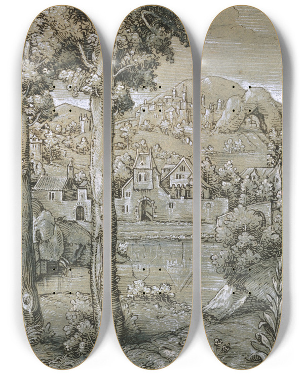 Triptych art skateboard deck of Hanns Lautensack Imaginary Landscape by Hanns Lautensack (1524-1560)