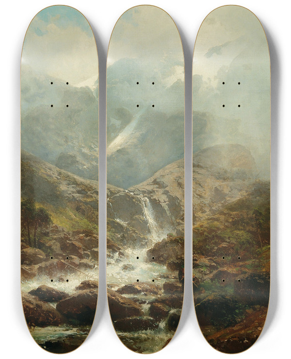 Triptych art skateboard deck of Robert Schultze Thundering Mountain Torrent by Robert Schultze (1828-1910)