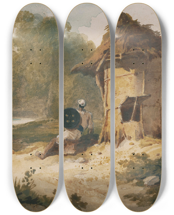 Triptych art skateboard deck of George Chinnery A Watchman At A Lookout Post Bengal by George Chinnery (1774-1852)