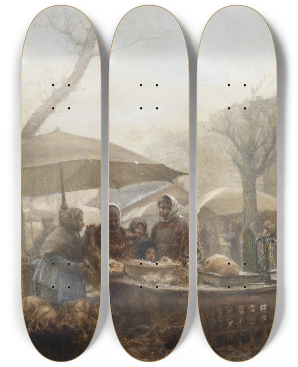 Triptych art skateboard deck of Carl Massmann Am Markt by Carl Massmann (1859-1929)