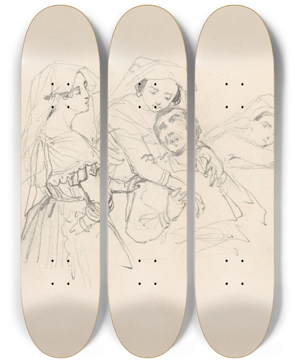 Triptych art skateboard deck of Nicaise De Keyser Scene With A Man And Three Women by Nicaise De Keyser (1813-1887)
