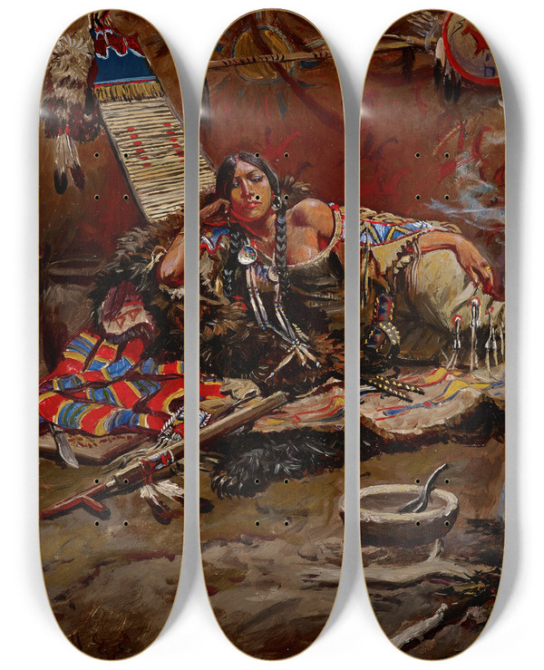 Triptych art skateboard deck of Charles Marion Russell Waiting And Mad by Charles Marion Russell (1864-1926)