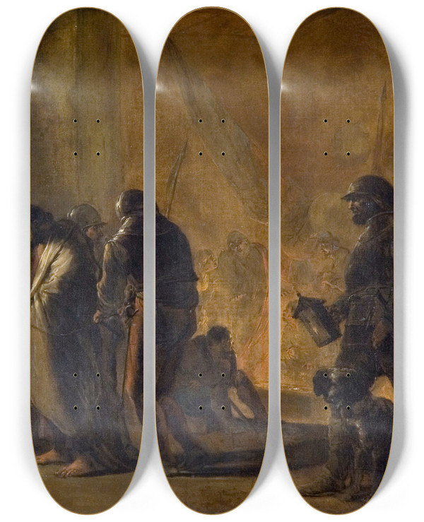 Triptych art skateboard deck of Leonaert Bramer Christ Before Caiaphas by Leonaert Bramer (1596-1674)