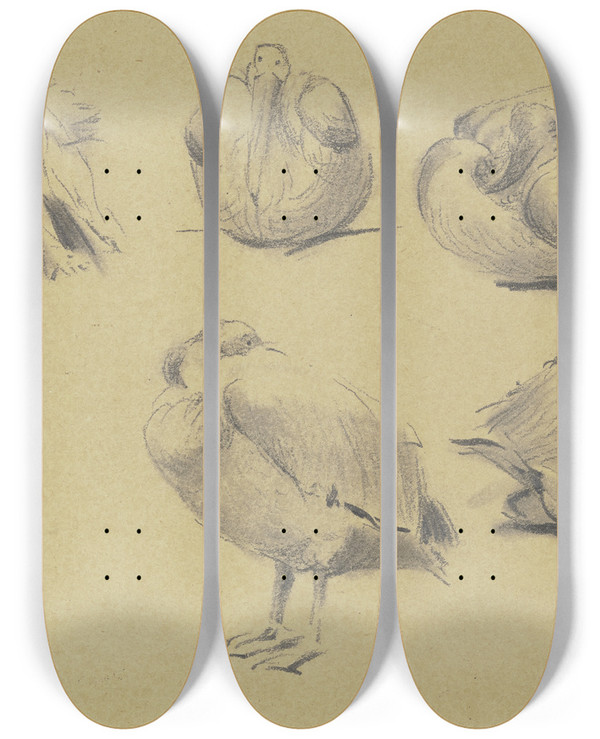Triptych art skateboard deck of Wilhelm Gentz Pelicans by Wilhelm Gentz (1822-1890)