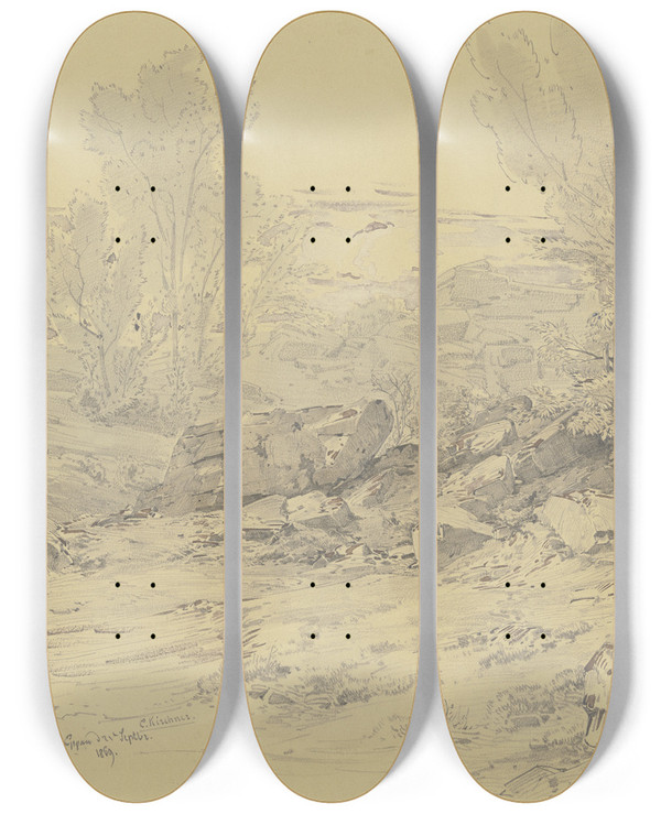 Triptych art skateboard deck of Albert Emil Kirchner Rocky Landscape Near Eppan by Albert Emil Kirchner (1813-1885)