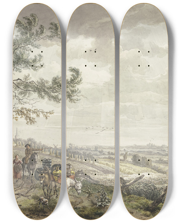 Triptych art skateboard deck of Egbert Van Drielst Landscape With Pack Donkeys Near Hilversum by Egbert Van Drielst (1746-1818)