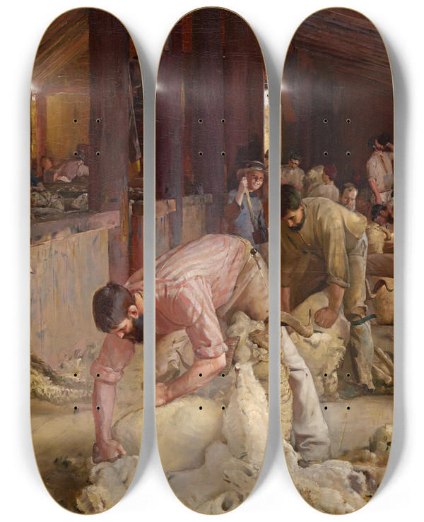 Triptych art skateboard deck of Tom Roberts Shearing The Rams by Tom Roberts (1856-1931)